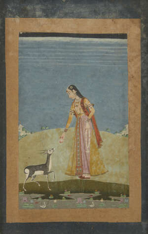 
	
		A maiden and a gazelle near a stream, Hyderabad, Deccan, circa 1790, opaque pigments on...