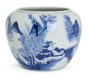 
	
		A Chinese porcelain Kangxi style jardiniere, 20th century, painted in underglaze blue...