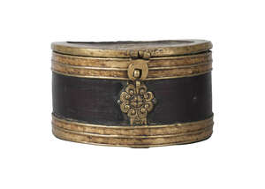 
	
		A Tibetan brass mounted circular wooden bowl, 19th century, the cover set with repousse...