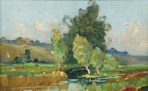 
	
		British School, early 20th century- River landscape; oil on card, 13.5x21cm: British...