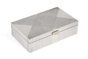 
	
		A silver cigarette box, London, c.1946, Padgett & Braham Ltd, of rectangular form with...