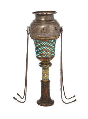 
	
		A Qajar turquoise-set steel and brass ghalian cup, Iran, 19th century, of bell-shaped...