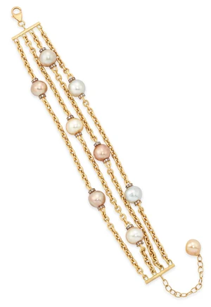 A South Sea cultured pearl and diamond bracelet, the four row bracelet designed as a series of...