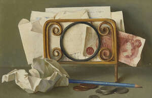 
	
		Gerald Norden, 
		British 1912-2000- 
		 
		Still life of a letter rack, ten pound...