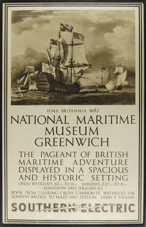 
	
		A Southern Railways poster for the National Maritime Museum Greenwich, HMS Britannia...