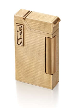 
	
		Dunhill, A 9ct gold cased 'Rollagas' Cigarette Lighter, by Dunhill,
		the engine-turned...