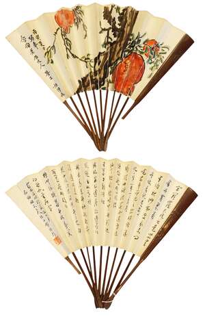 
	
		HE PEIXIN (1903-1952), ink and colour on paper and stained bamboo fan, fruiting...