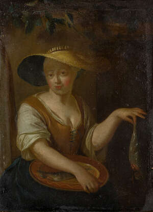 
	
		Dutch School, 
		late 18th/early 19th century- 
		 
		Portrait of a fisherwoman;...