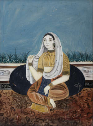
	
		Four reverse glass portraits, India, 19th century, two depicting courtesans, and two...
