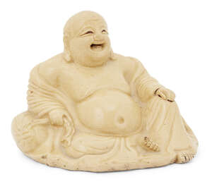 
	
		A Japanese pottery figure of Hotei, 19th century, modeled seated on his bindle with...