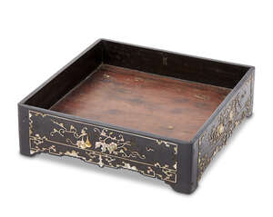 
	
		A Chinese hardwood and mother-of-pearl inlaid square tray, mid-19th century, decorated to...