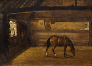 
	
		British Provincial School, 
		mid 19th Century- 
		 
		Horse in a stable; 
		 
		oil...