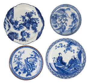 
	
		Four large Japanese porcelain chargers, early 20th century, each painted in underglaze...