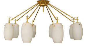 
	
		Stilnovo, 
		 
		Large eight light ceiling light, 
		brass, white glass, 
		82cm...