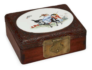 
	
		A Chinese wooden card box, early 20th century, the lid inset with a porcelain plaque...