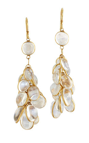 
	
		A pair of moonstone drop earrings, composed of multiple oval cabochon moonstone collets,...