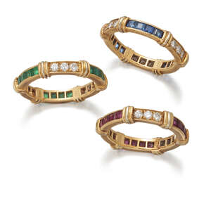 
	
		Cartier, a set of three gem-set and diamond eternity rings, by Cartier, set with...
