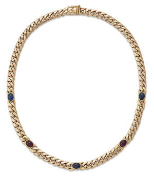 
	
		A 14ct gold gem necklace, of curb-link design, set at intervals with a cabochon ruby or...