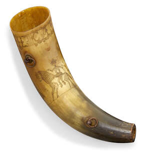
	
		A cow horn powder flask, possibly Scandinavian, 18th/19th century, inscribed with a...
