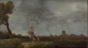 
	
		Follower of Pieter de Neyn, 
		Dutch 1597-1639- 
		A man on horseback with two seated...