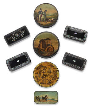 
	
		Two Continental circular black lacquered papier mâché  boxes with lids, 19th century, 