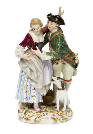 
	
		A Meissen figural group of a young lady and her suitor, late 19th century, she modelled...