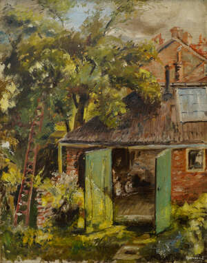 RTO Lucy Harwood,
		British 1893-1972-
		 
		Garden View with Shed and Houses Beyond;
		 
		oil on canvas, signed and further inscribed on stretcher ver