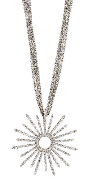 
	
		A diamond 'sunbeam' pendant, the shared claw-set circular-cut diamond bars radiating from...