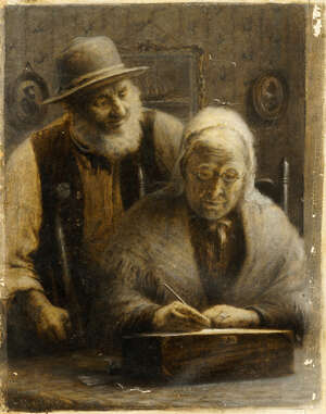 
	
		Wilkinson, 
		British, late 19th century- 
		 
		Old couple within an interior;...