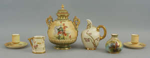 A Royal Worcester peach blush porcelain pot pourri vase, late 19th century, with separate lid and internal lid, decorated with a vignette of thistles and flowe