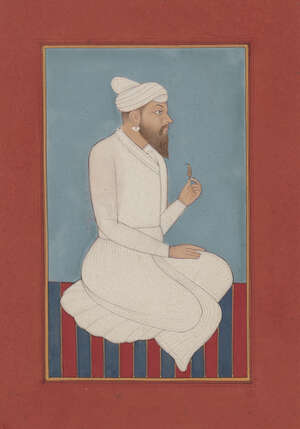 
	
		A Pahari nobleman seated on a striped dhurrie, Punjab Plains, circa 1840, gouache on...