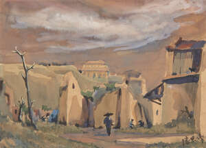 RTOPAN HE (Pan Si Wei), watercolour on paper, figures in village landscape, signed lower right,...