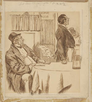 Charles Samuel Keene, 
		British 1823-1891- 
		 
		Let loose the Gorgonzola; 
		 
		pen and brown ink on paper, bears inscription in the margin, bears in