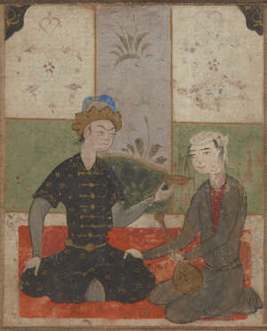 
	
		A Turkmen miniature of a seated couple drinking, Herat, Iran, 15th century, gouache on...