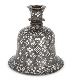 
	
		A silver inlaid Bidri huqqa base, North India, circa 1800, of bell shape form, with ring...