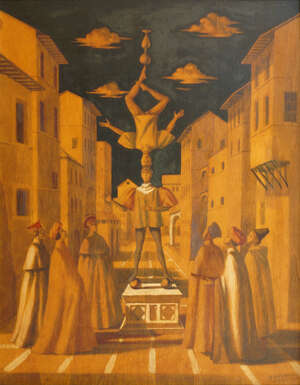 
	
		Giorgio Perfetti, Italian 1932-1961- Street Acrobats, 1957; oil on panel, signed and dated,...