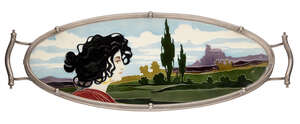 
	
		Carl Sigmund Luber (1863-1934), a Johann von Schwarz Art Nouveau ceramic tray with metal...