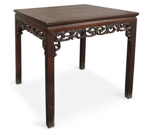 
	
		A Chinese hongmu square table, late 19th century, with carved foliate scroll frieze...