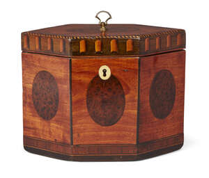 
	
		A George III satinwood hexagonal tea caddy, each side inlaid with burr yew oval, single...