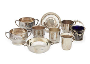 Two silver porringers, one decorated with duck and duckling scene, the other with a family of bears, Sheffield, c.1966 and 1988, Elkington, together with a fur
