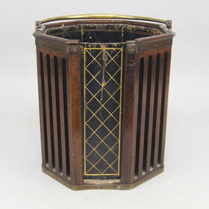 
	
		A George III mahogany and brass bound plate bucket, with brass swing handle, with later...