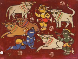 Jamini Roy (Indian 1887-1972), Balakrishna, Balaram amidst the cows, 
tempera on card, signed in...