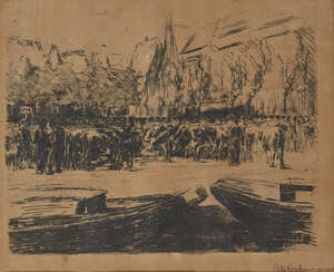 
	
		Max Liebermann, 
		German 1847-1935-
		 
		Rindermarkt in Leiden, 1900;
		 
		etching...
