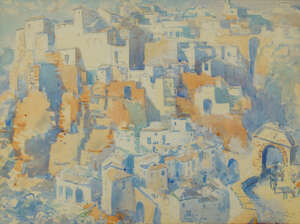 
	
		Spanish School, mid/late 20th century- Spanish hilltop village; watercolour over traces of...
