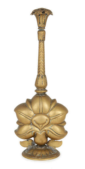 
	
		A brass rosewater sprinkler on the form of a lotus flower, North India, 18th century, on...
