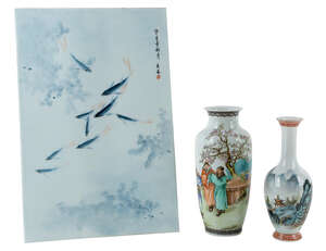 
	
		Two Chinese famille rose vases and a blue and white plaque, 20th century, one sleeve vase...
