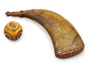 
	
		A Scandinavian horn powder flask, 18th century, incised overall with figures amidst...