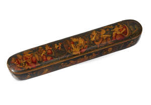 
	
		A Qajar lacquer papier mache pencase (qalamdan), possibly school of Ali Ashraf, Iran,...
