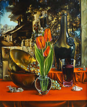 
	
		Victor Tsvetkov, Russian b.1951- Nature morte avec fleurs vin et tableau; oil on canvas,...