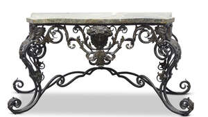 
	
		A French neo-classical bronzed metal console table, late 20th century, the serpentine...